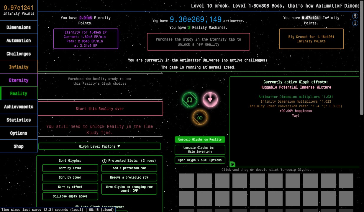 Loops upon loops, prestiges upon prestiges. Screenshot of menus. The game is all menus.