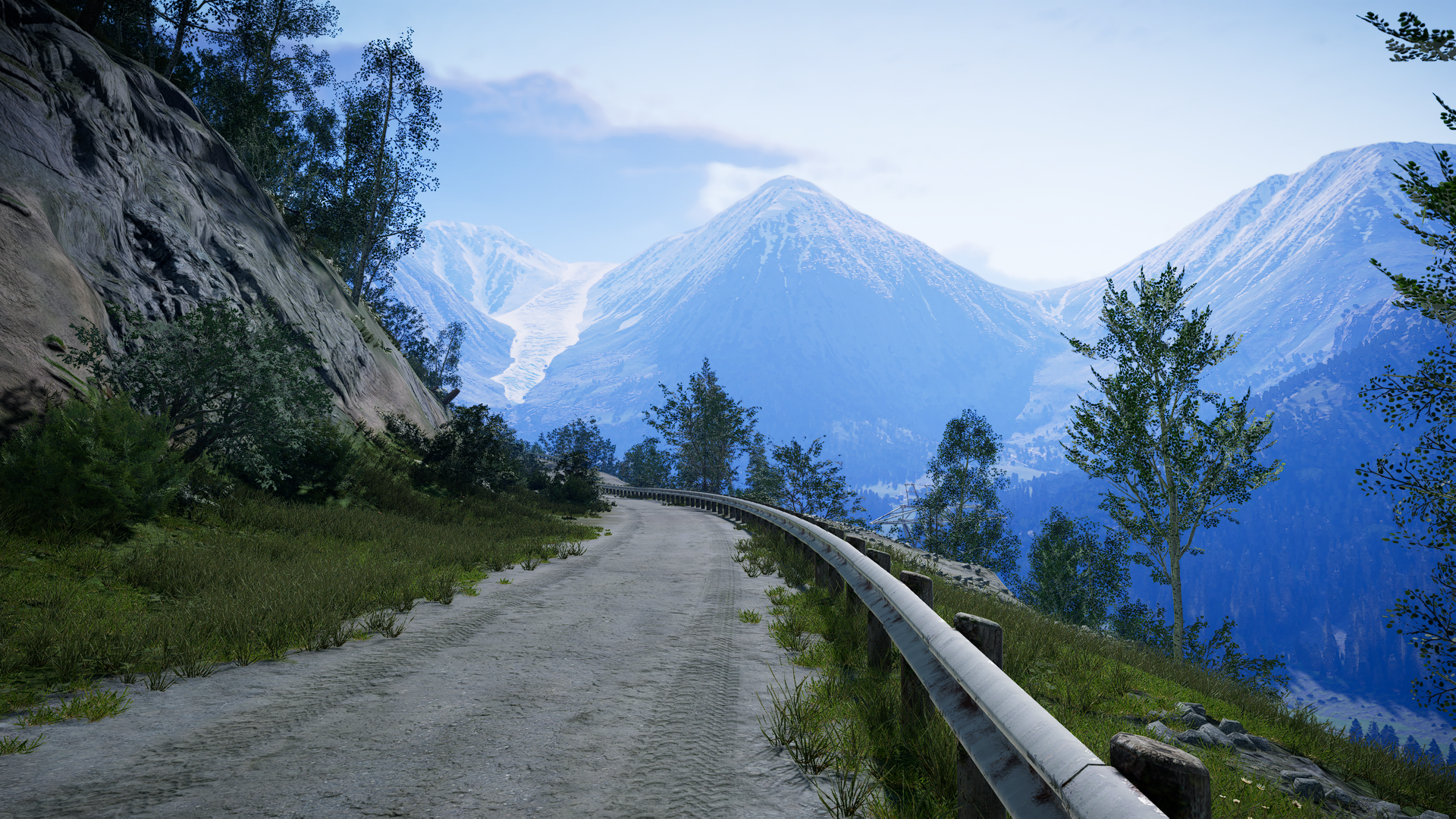 (Call of the Wild: The Angler) Folks, it's very possible that 2026 is the year I get into hunting games. View of mountains and a glacier from a road.