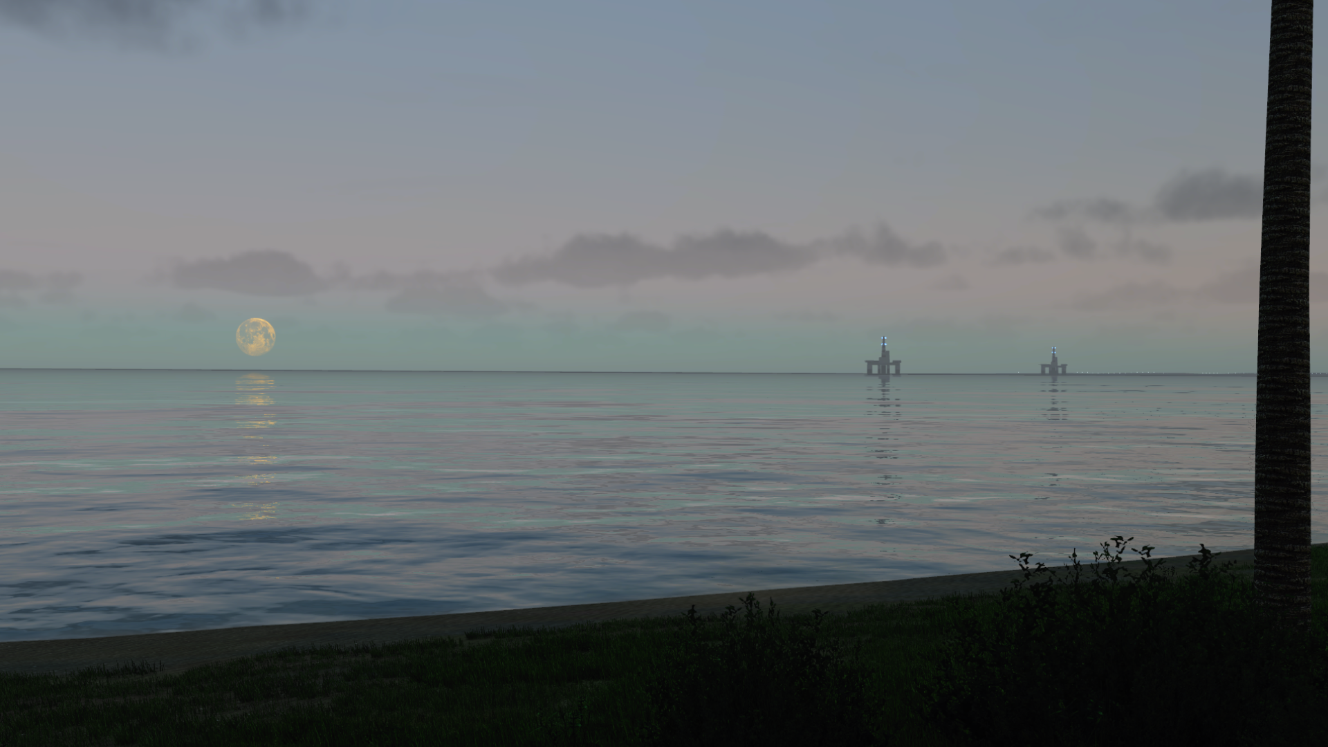 (The Crew) *nods* Uh-huh, driving games. Moonrise and oil derricks from a beach.