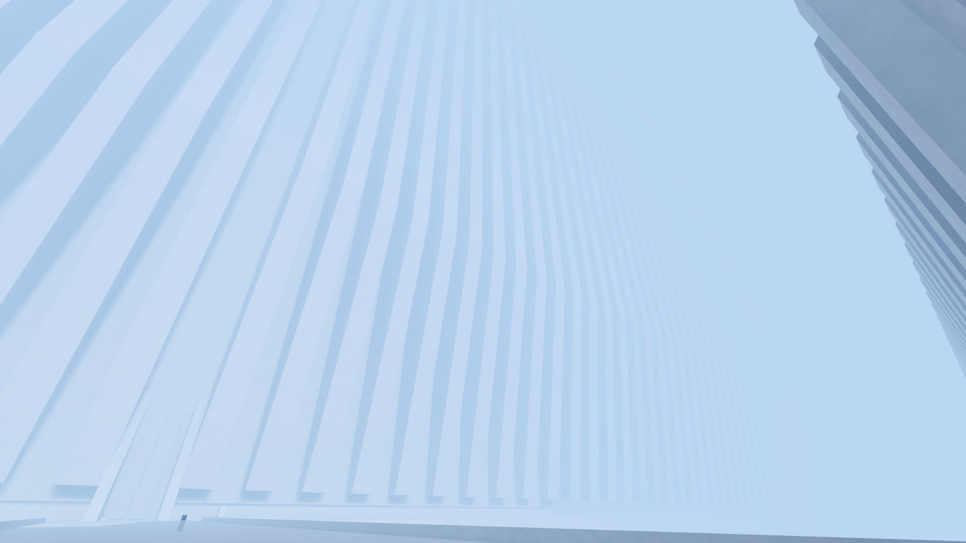 Big. A bridge in a spartan hall/structure, too large for the air to stay transparent.